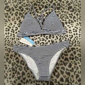 Cupshe Hit Summer Stripe Bikini Set in Blue White Size Medium